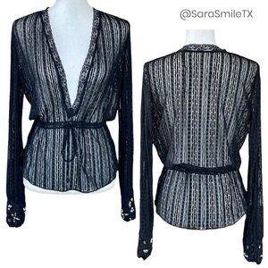 FREE PEOPLE Boho Black Lace Jeweled Long Sleeve Plunge V-Neck Top - RARE